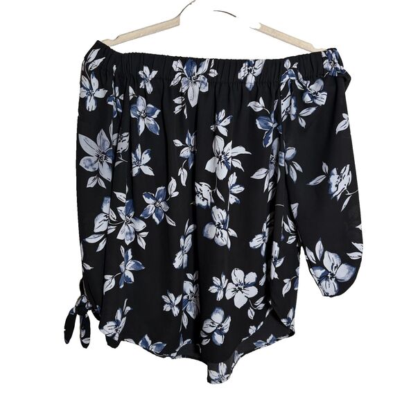 Premise Tops - Premise Studio Blouse Women's Large Black Floral 3/4 Sleeve Tie Off the Shoulder